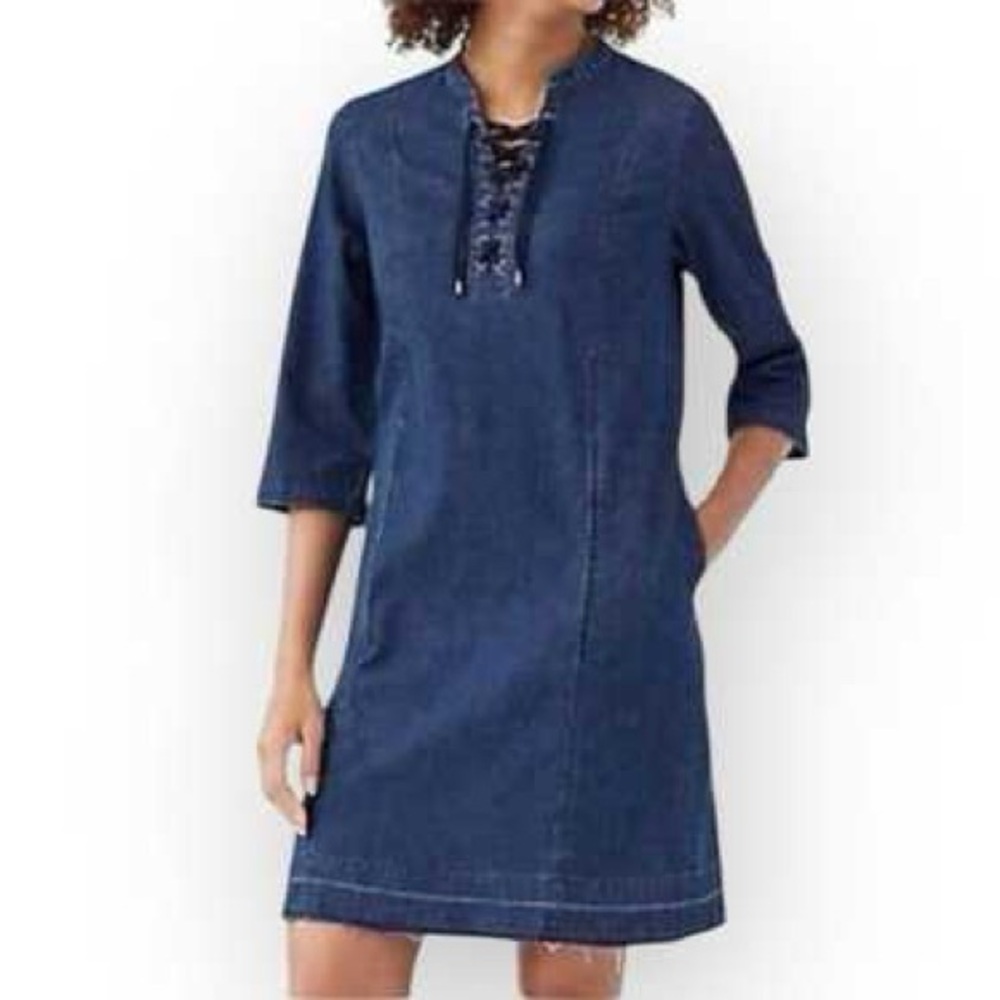 J. Jill Denim, Dark Wash, 3/4 Sleeve, Lace Up Front, Demin Dress,